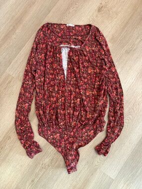 Free People Red Floral Long Sleeve Bodysuit